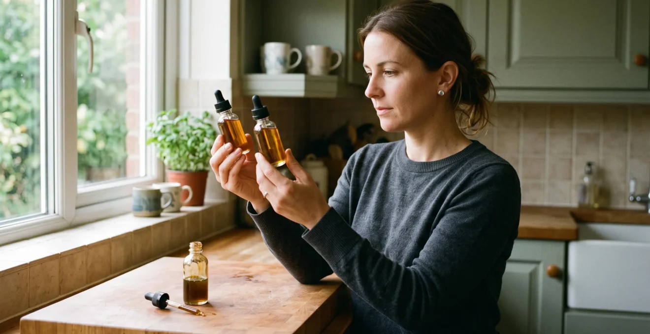 Une femme compare la couleur de deux flacons d'huile de CBD dans sa cuisine.