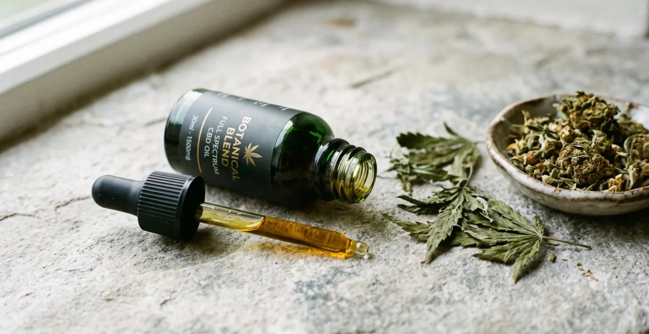 Un flacon d'huile de CBD ouvert entouré de feuilles séchées sur un plan de travail.